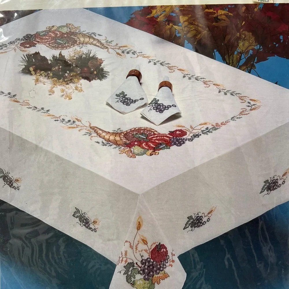 Bucilla Autumn Harvest stamped cross stitch embroidery napkins set 4 kit sealed